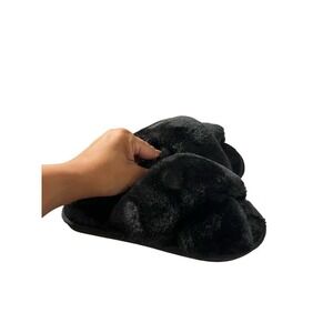 Womens Soft Faux Fur Slippers Plush Slip on Cross Band House Shoes
